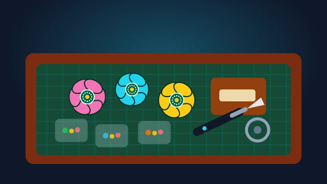 Maker workshop table with small electronics kits, flower badge boards, tools, and packed components.