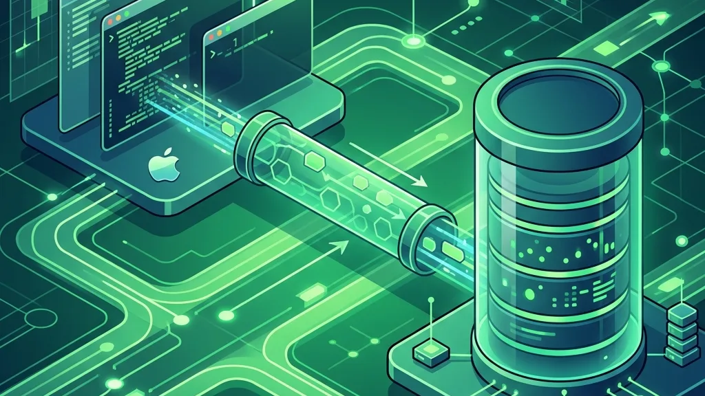 Stylized Apple laptop connected to a cylindrical database with glowing green circuit patterns for data transfer.