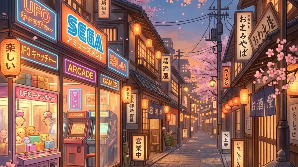 Anime-style Japanese entertainment street at dusk with lanterns, neon signs, arcades, and cherry blossoms.