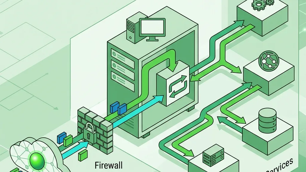 Network diagram showing cloud traffic passing through a locked firewall to a central server and backend services.