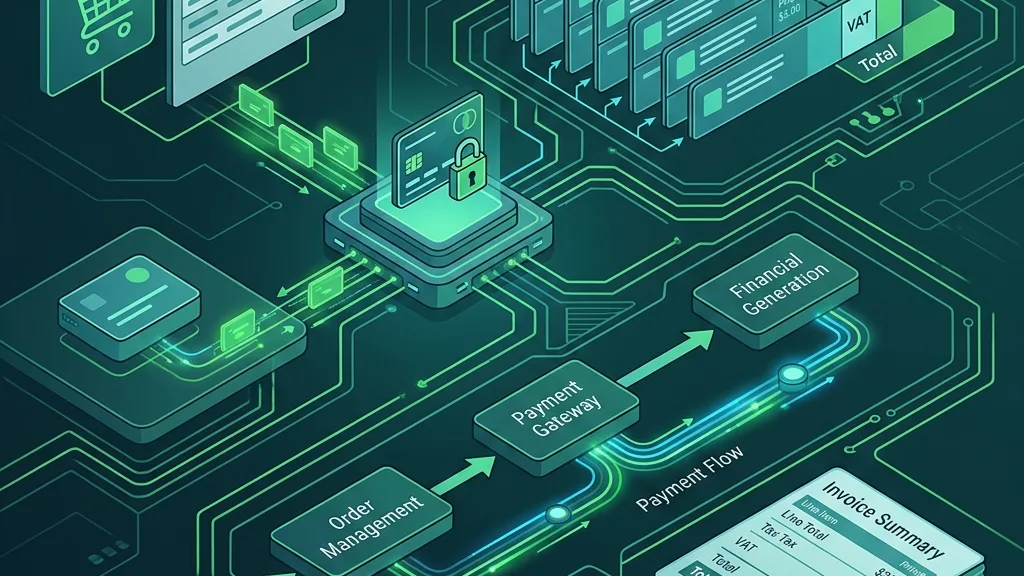 Isometric payment processing flow with a secure card transaction, order management, gateway, and VAT invoice details.