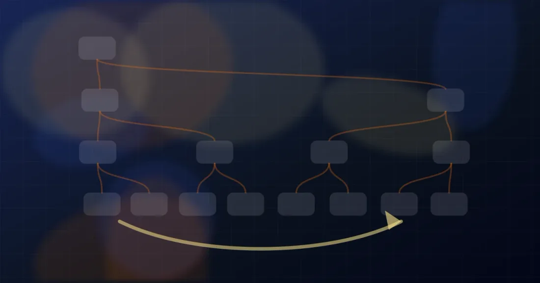 Two XML tree structures connected by transfer arrows in an abstract data-flow scene.