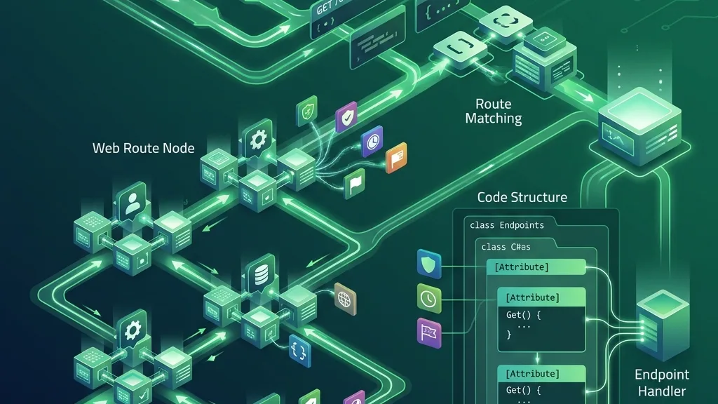 Isometric web routing diagram with glowing circuit paths, route nodes, code panels, and endpoint handler blocks.