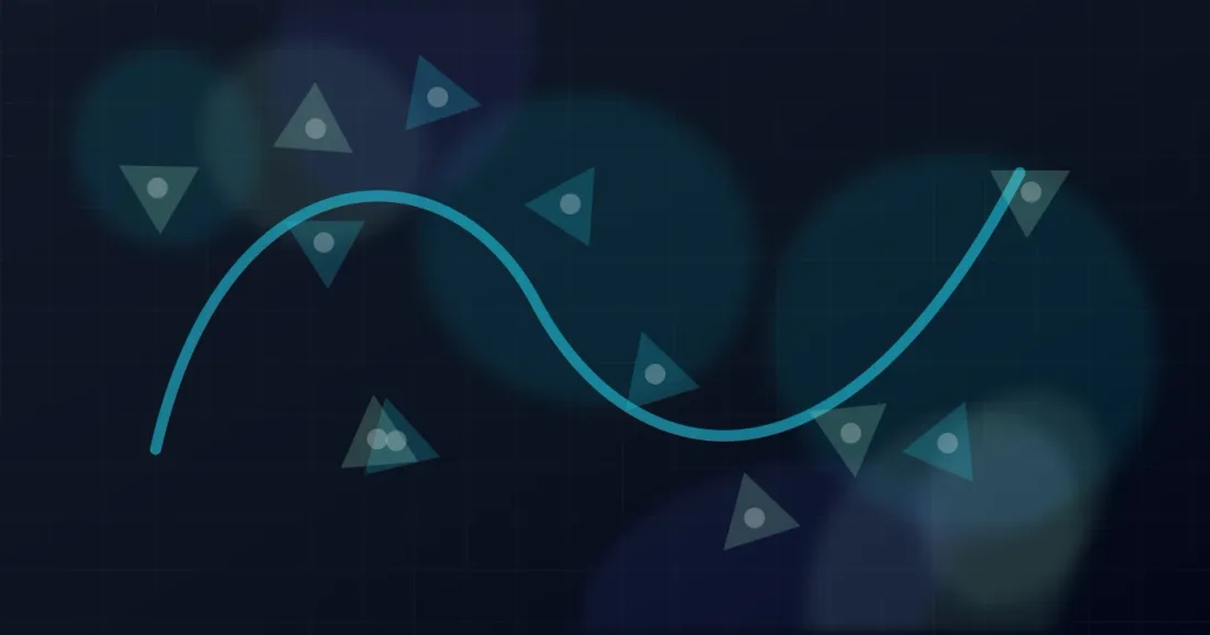 Vector-style geometric shapes and CSS-inspired layers over an abstract code background.