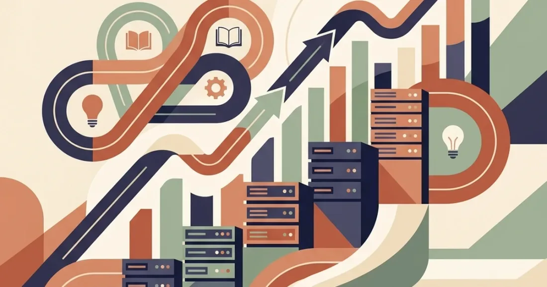 Upward path through notebooks, server shapes, and fitness markers symbolizing personal progress.