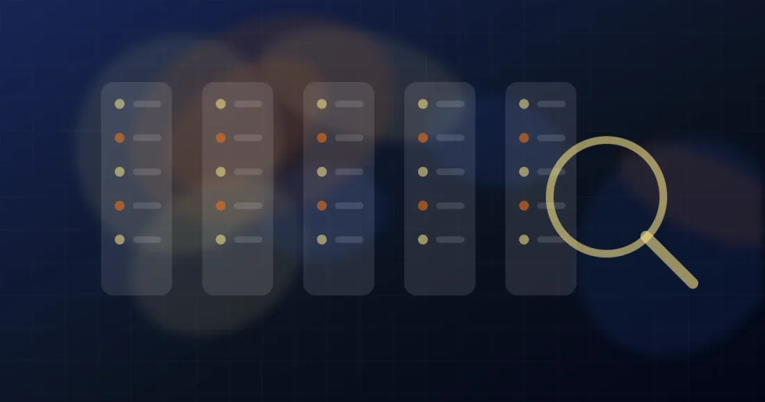 Server racks, domain nodes, and audit check marks arranged as a web reporting concept.