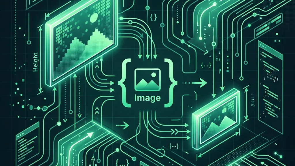 Image processing workflow with code braces, connected preview screens, arrows, and image dimension labels.