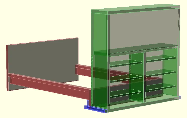 OpenSCAD render of a TV cabinet and furniture frame design in a simple 3D view.